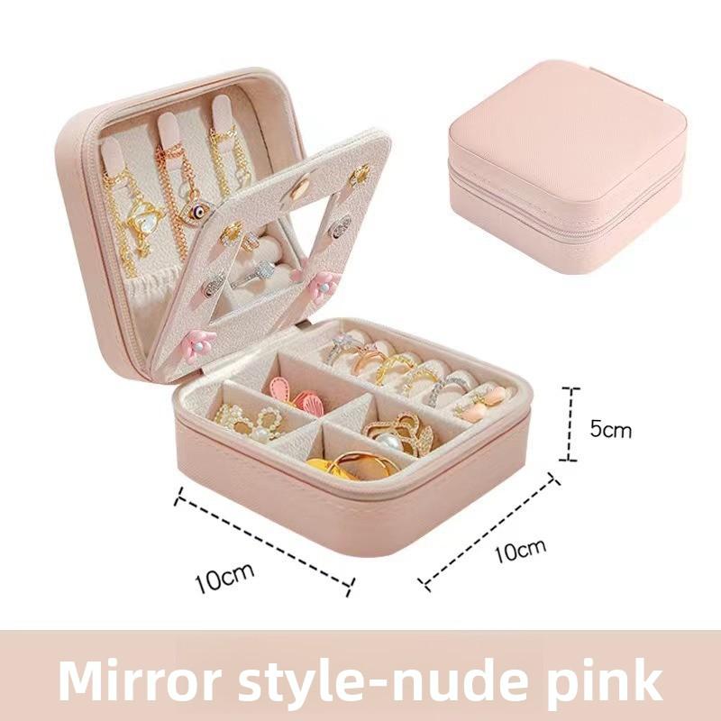 1pcs Portable Mirror Split Zipper Earring Earrings Necklace Jewelry Box Storage Jewelry Box Leather bag