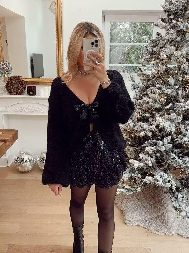 2024 Spring High-End European & American Style Sequin Bow Knit Sweater