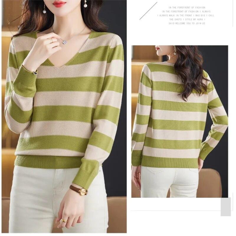 V-neck Striped Knitted Bottom Shirt Spring Autumn New Women's Loose Thin Sweater Top Long Sleeve Blouse S-4XL
