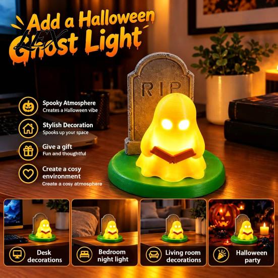 Glowing RIP Tombstone Figure Halloween Ghost Reading Table Lamp, 3D Printed Light Up And Handmade PLA Holiday Decoration Figurine, Spooky Night