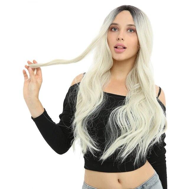 Длинный волнистый парик Ombre Blonde, натуральный двухцветный средний участок, термостойкие синтетические волосы, парики для афроамериканских женщин