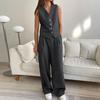 Vest Pants Commuter Suit Women's Simple V-Neck Single Breasted Tank Tops Wide Leg TrousersTwo Piece Set Office Lady Summer Suits