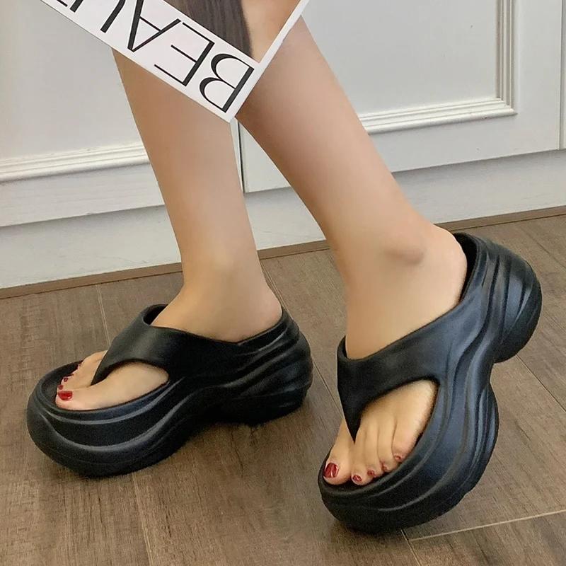 Fashion Chunky Heel Clip Toe Flip Flops 2025 New Thick Platform Women Eva Slippers Summer Outdoor Wear Beach Nonj-Slip Sandals