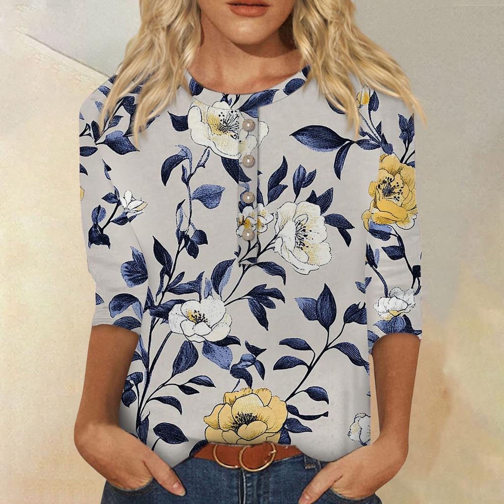 Женская мода повседневная 3/4 рукава цветочный принт пуловер круглый вырез топ повседневная одежда