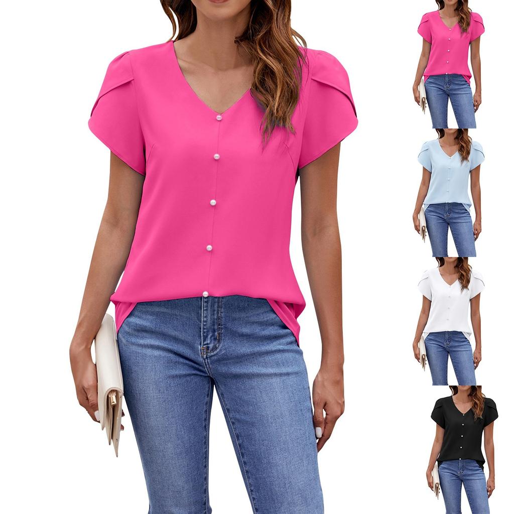 Women's Loose Casual Solid Color V-Neck Short Sleeved Loose Chiffon Shirt Pearl Top