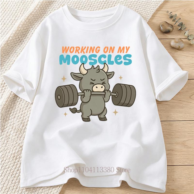 Working on My Mooscles Funny Cow Print Tshirts for Women Unisex Summer Casual Fashion Loose Tops ONeck Short Sleeve Tshirts