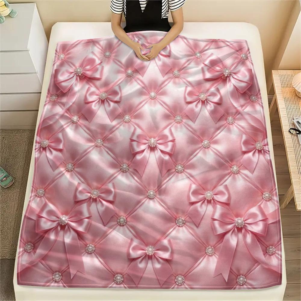 1Pc Pink Bow Print Flannel Blanket, High quality Comfortable for All Seasons, Home Decor, Warmth and Comfort, Perfect for Christmas Gifts W29