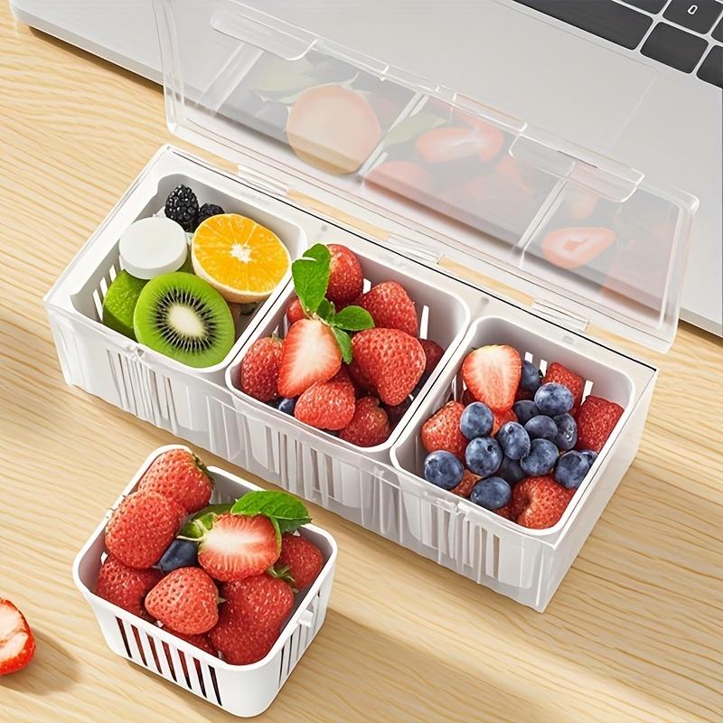 3 Compartment Food Storage Container With Lid Transparent Square Blue Drain Box For Fridge Salad Fruit Veg Condiments Reusable