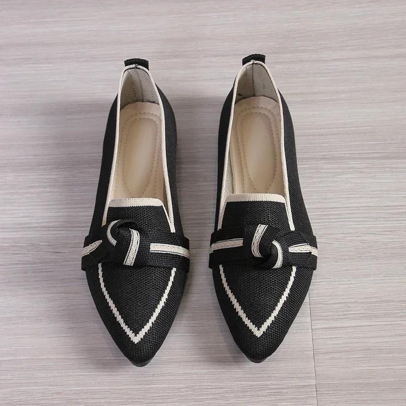 Women's Pointed Toe Flat Shoes Mixed Color Knitted Slip On Shoes Casual Breathable Ballet Flats Woman Flat Shoes Female Loafers