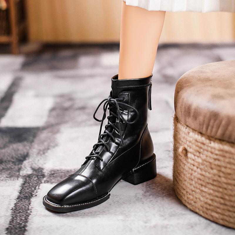 Коричневые ботинки Martin женские стильные со шнуровкой квадратный носок средний каблук новые женские ботинки модные средние толстые каблуки короткие ботинки