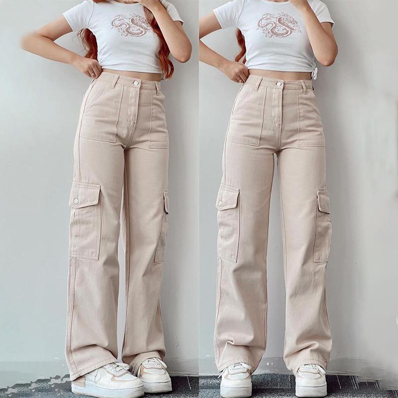 Women's Y2K Clothes Vintage Straight Wide Leg New Baggy Trousers Leisure Waist Pocket Summer High Waist Cargo Pants Streetwear