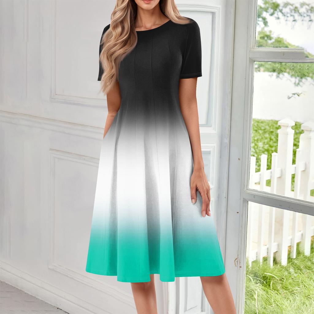 Женское повседневное модное платье с круглым вырезом и коротким рукавом средней длины с градиентом