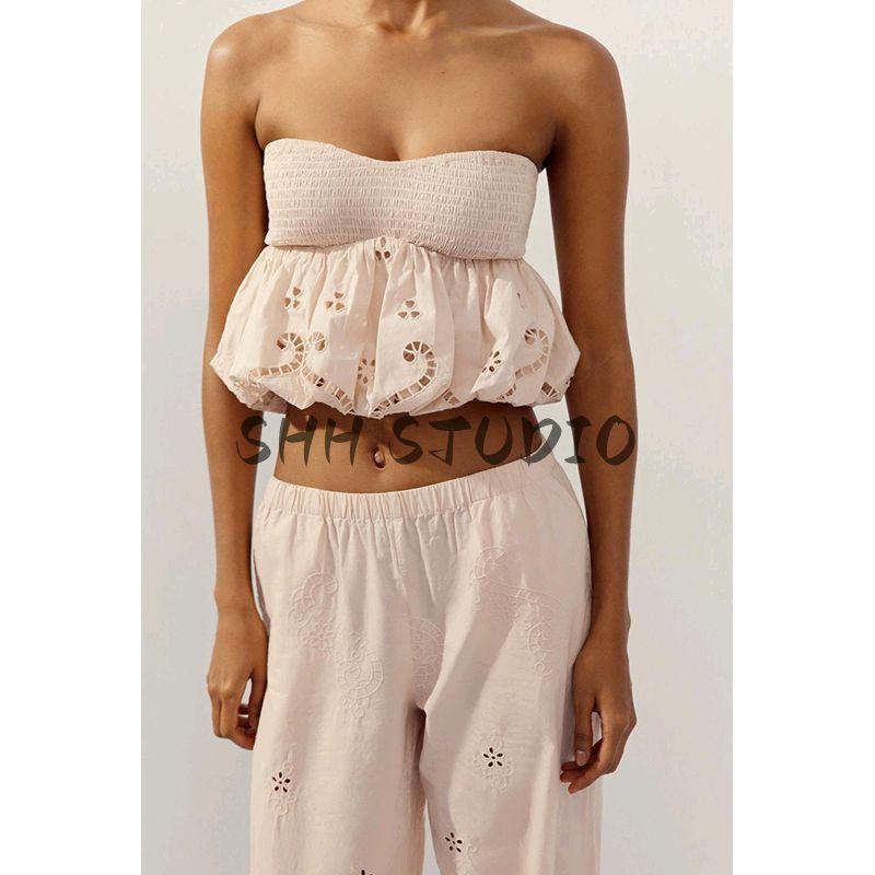 Summer New Balloon Version Tops 7200007 Embroider Cotton Mid Waist Casual Pants 7200406