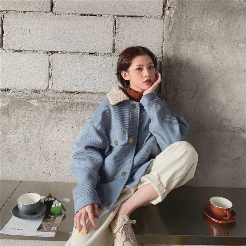 Turn-down Collar Women Jackets Autumn Winter Soft Warm Outerwear Oversize Wool Blends Pockets Short Coat