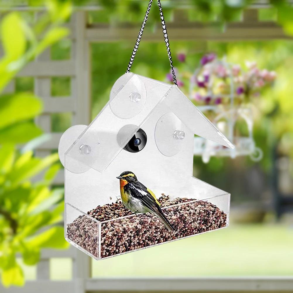 Smart Birds Hanging Feeder Acrylic with Camera Bird House Pet Feeder Transparent 1080P HD Easy Installation for Outdoor Garden