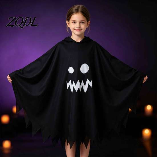 Comfortable Kindergarten Performance Clothes Hooded Ghost Costume, White/Black Cape Costume for Kids Adults, Spooky Lightweight Breathable Halloween