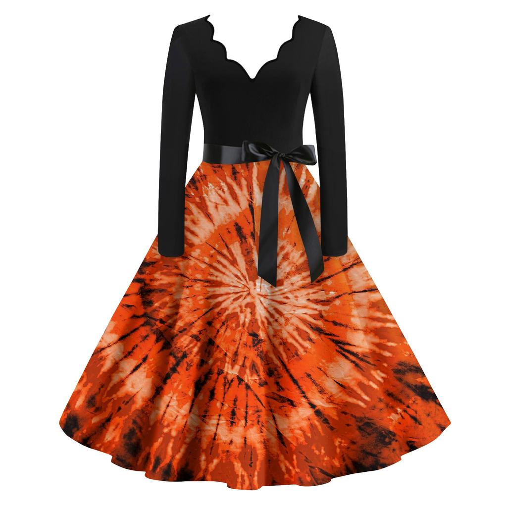 Женские повседневные модные винтажные длинные платья с длинным рукавом на Хэллоуин и графическим принтом