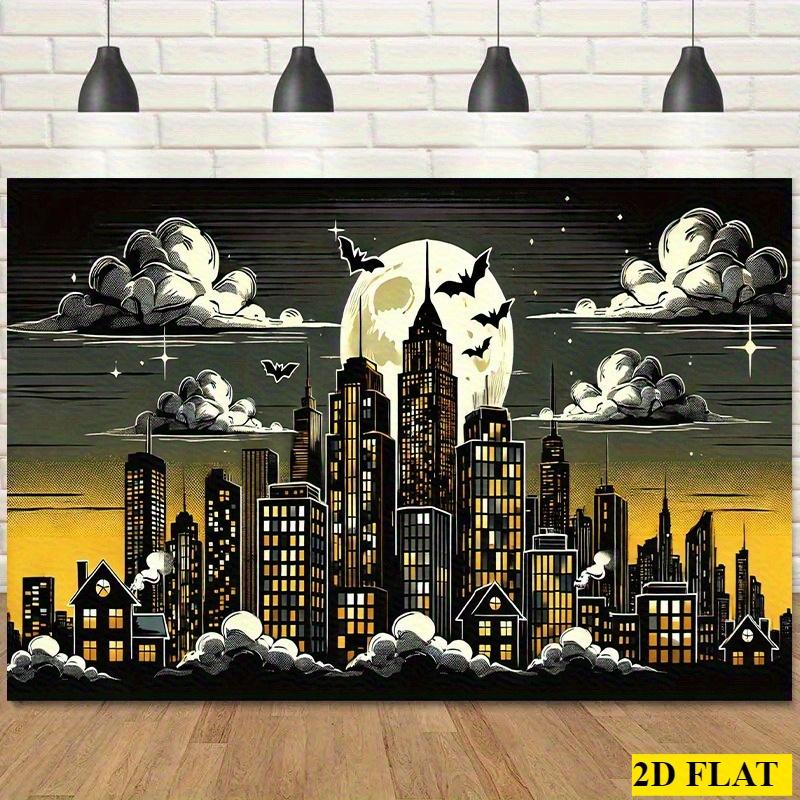 1 Large-scale Halloween cityscape background banner - Horror skyline with bats, party decoration without power supply