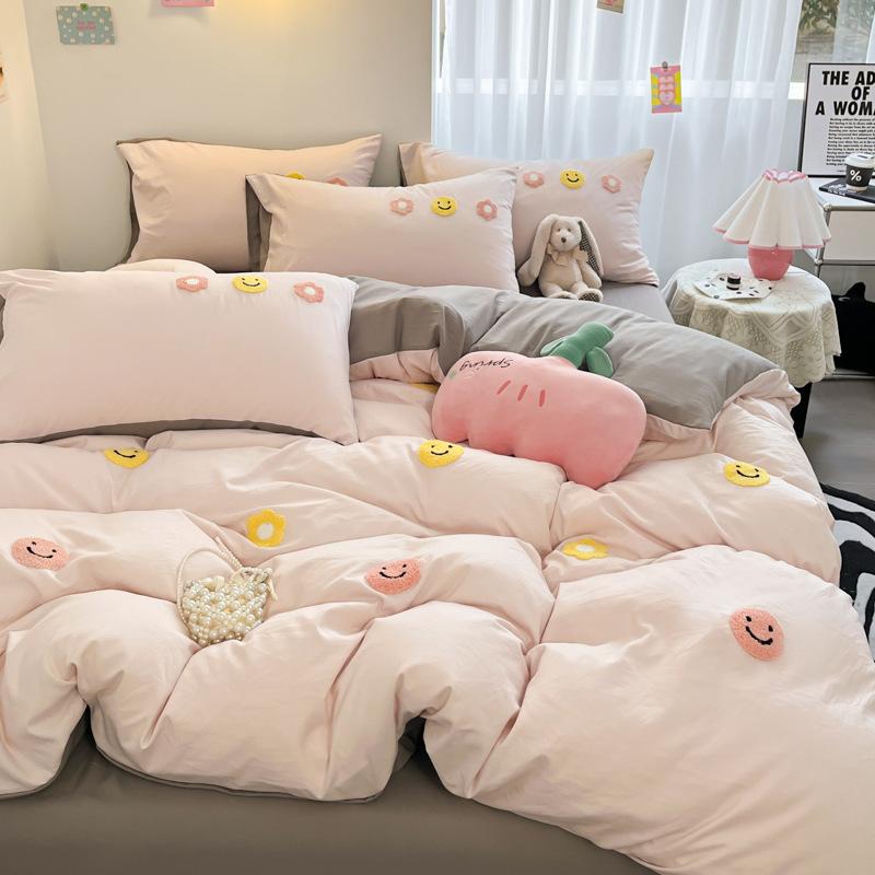 Комплект из четырех предметов из стираного хлопка, простыня, пододеяльник, трехкомпонентный пододеяльник