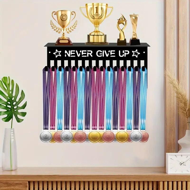 Metal Trophy Display Stand Athletic Award Organizer Never Give Up Theme Wall-Mounted Medal Display Rack Multi-Hook Home Decor