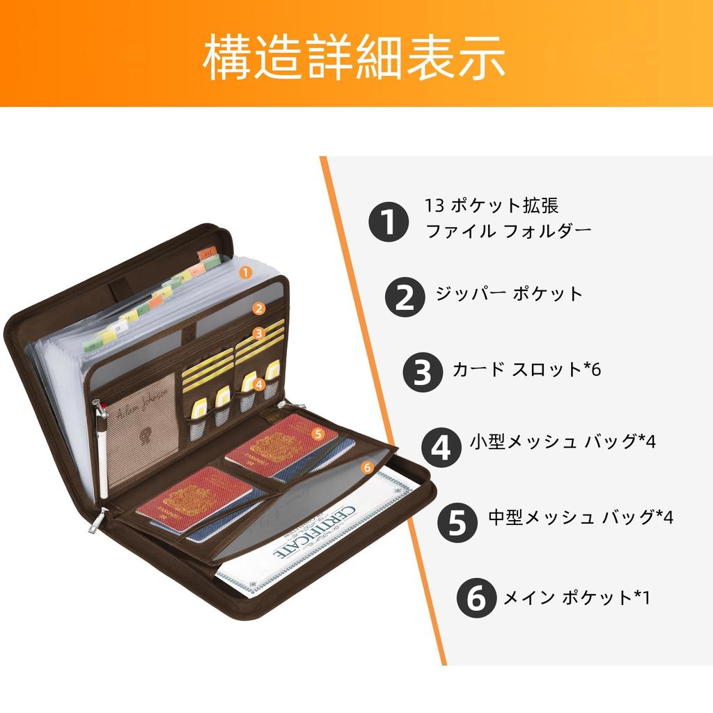 JUNDUN A4 Fireproof Document File Case with Zipper and Labels for Important 12 Large Capacity Accordion Pockets for A4 and Brown Documents, Letters,