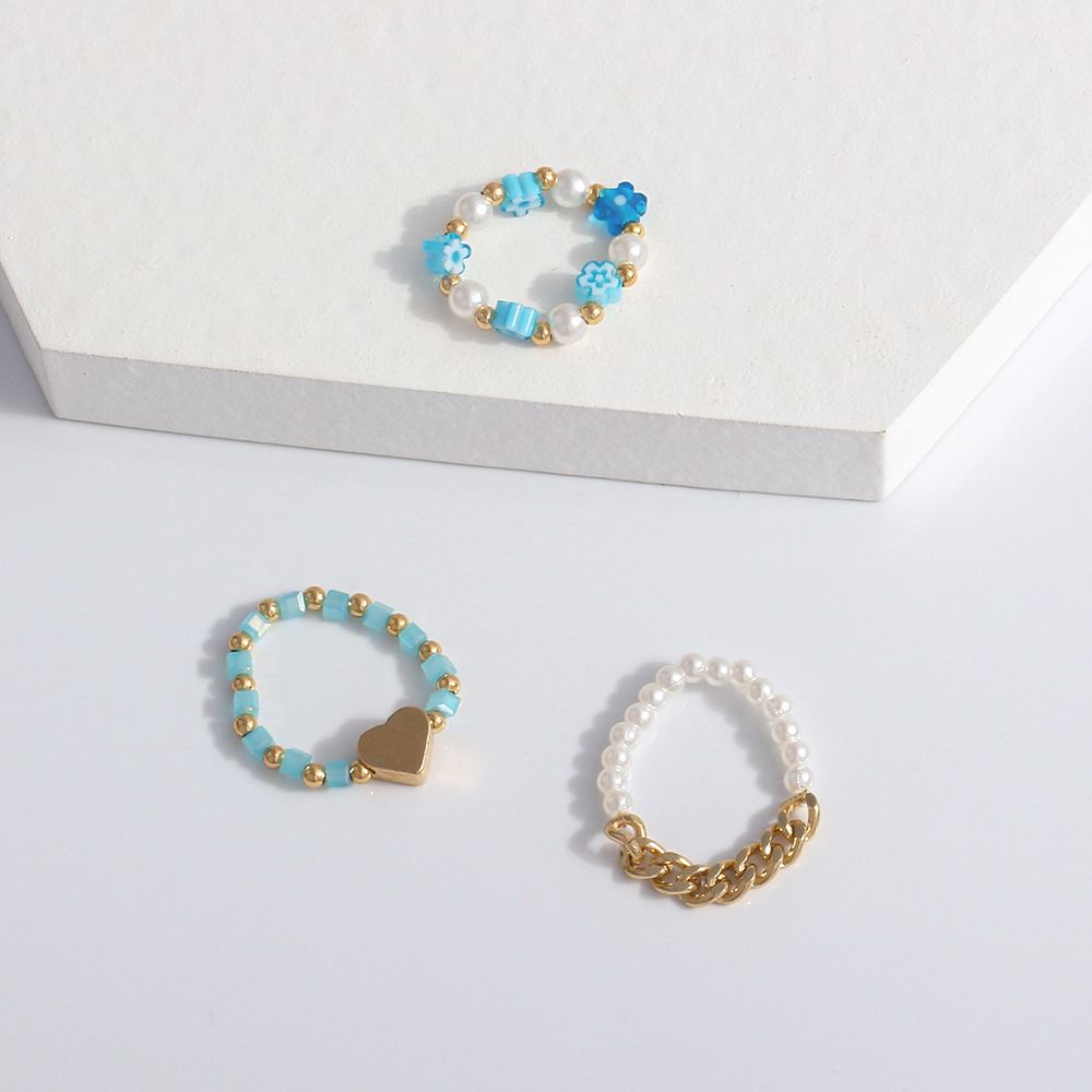 Cute Elastic Pearl Bohemia Love Heart Flower Party Jewelry Women Ring Finger Ring Set Beaded Rings