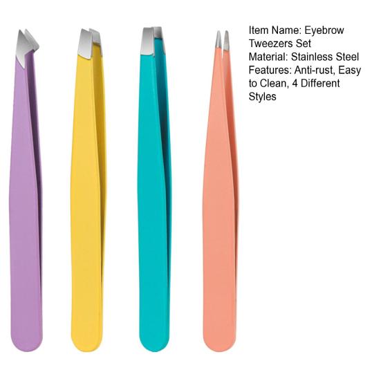 4Pcs/Set Slant Eyebrow Tweezers Set Stainless Steel Ingrown Hair Removal Tool Flat Mouth Eyebrow Clip Set