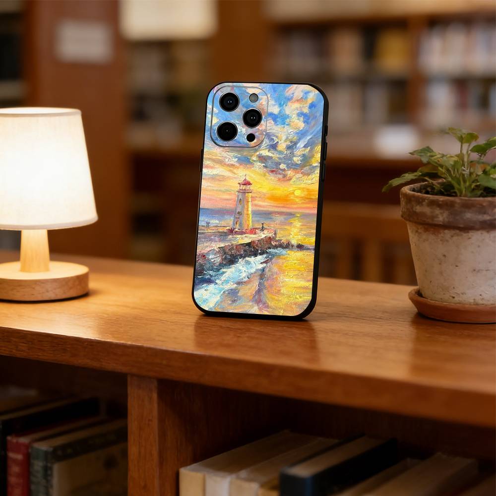 Художественная масляная живопись маяка Чехол для телефона для iPhone 17, 16, 15, 14, 13, 12, 11 Plus, Pro Max, Другие Мягкий черный чехол