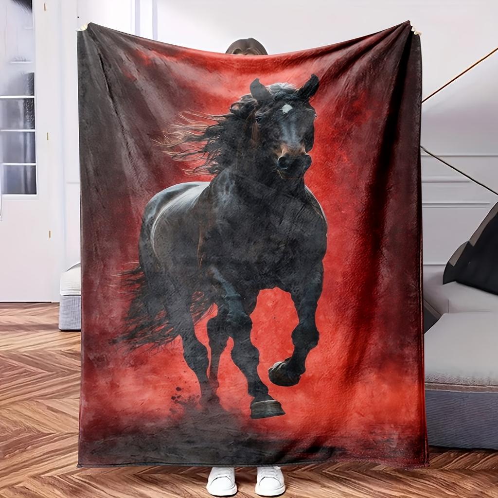 A Black Horse Galloing Through Red Dust.1pc Flower Print Flannel Blanket Soft Warm Throw Blanket Nap Blanket for Couch Sofa Office