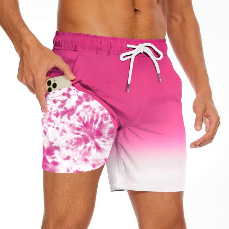 Men's Summer Double-layered Shorts Drawstring Swim Trunks Beach Printed Swim Pants with Pocket