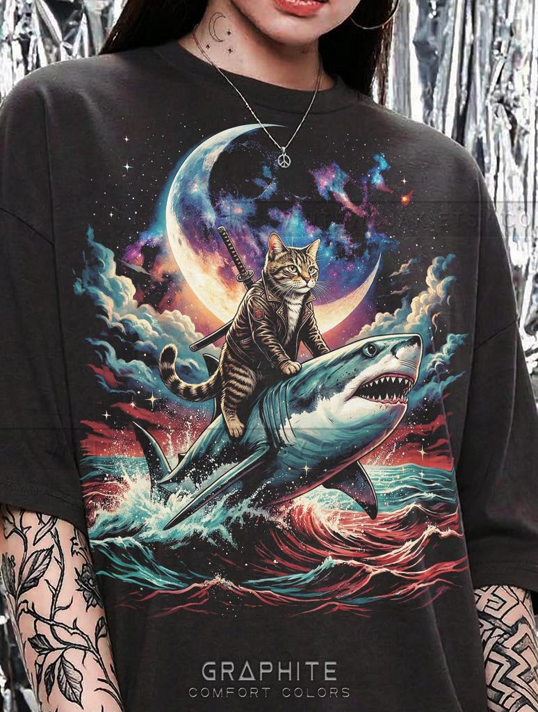 Vintage Cat Riding Shark 90S Graphic Comfort Colors® Tshirt, Space Galaxy Retro Surreal Faded Tees, Y2K Streetwear Samurai Cat Gift,