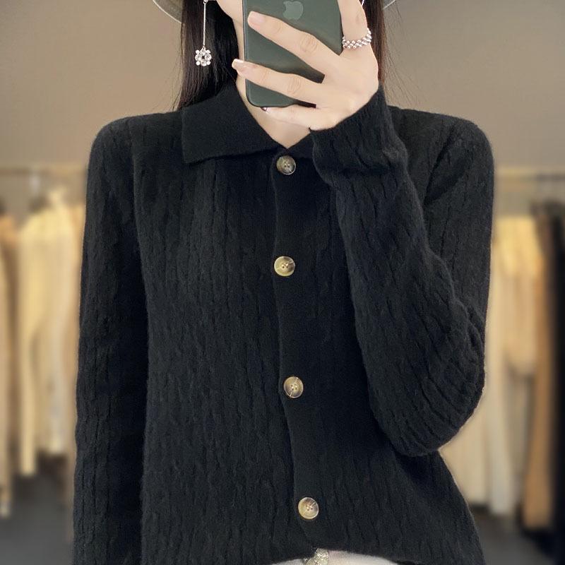 Korean Style Wool Cardigan: Long Sleeve Polo Knitwear for Autumn/Winter