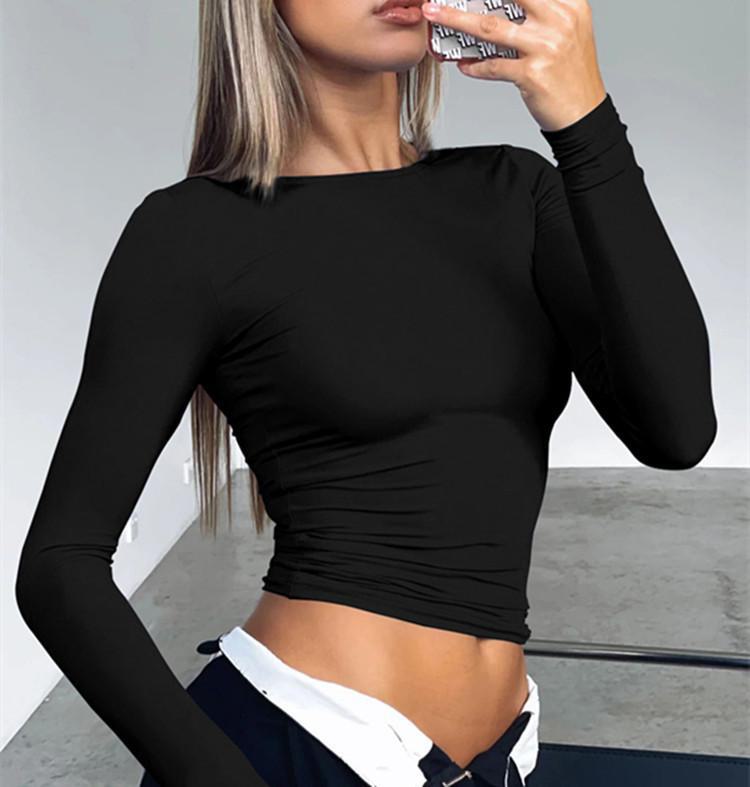 Женская повседневная однотонная обтягивающая футболка с длинным рукавом и круглым вырезом