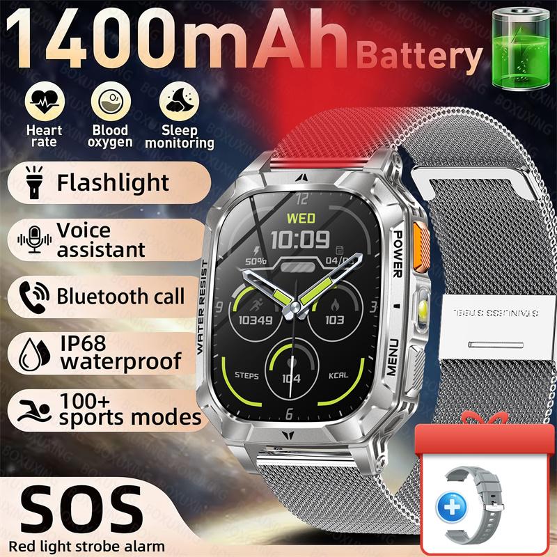 Rugged Outdoor Smart Watch 1400mAh 2.01" HD Screen Bluetooth Call GPS IP68 Waterproof Flashlight SOS Fitness Watch for Men