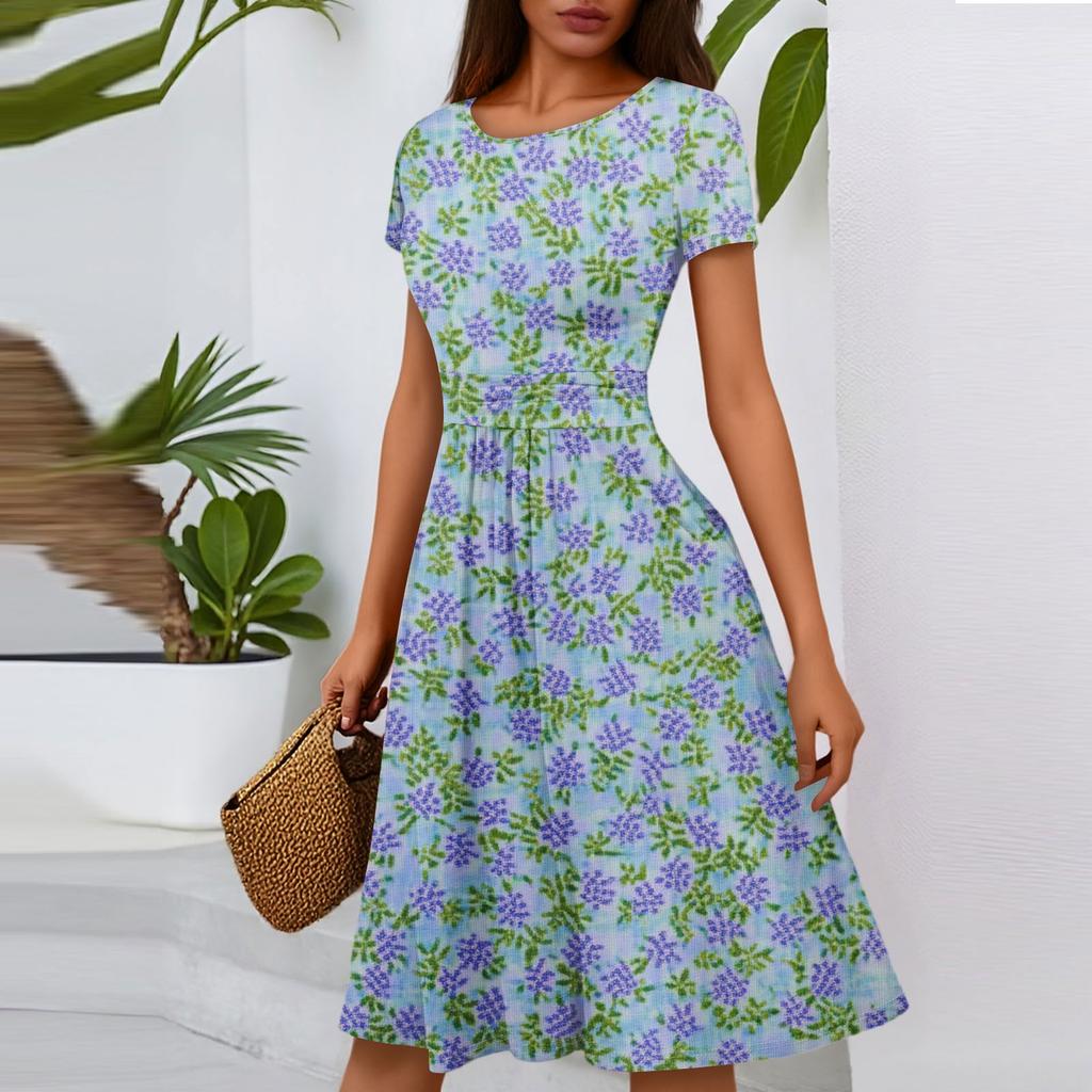 Женское повседневное модное платье миди А-силуэта с круглым вырезом, плиссированными короткими рукавами и цветочным принтом