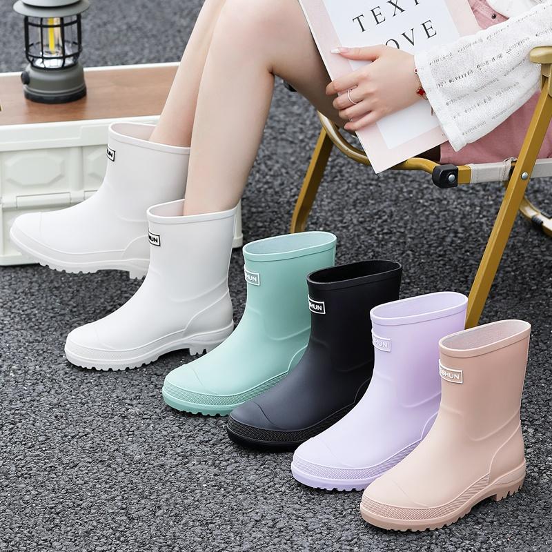 Женские новые модные резиновые сапоги до середины голени, водонепроницаемые нескользящие резиновые туфли с ПВХ-стелькой, круглый носок для кемпинга и пешего туризма на открытом воздухе