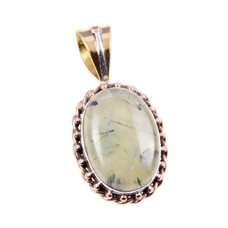 Natural Prehnite Gemstone 925 Solid Sterling Silver Two Tone Pendant 1.5" D2t72