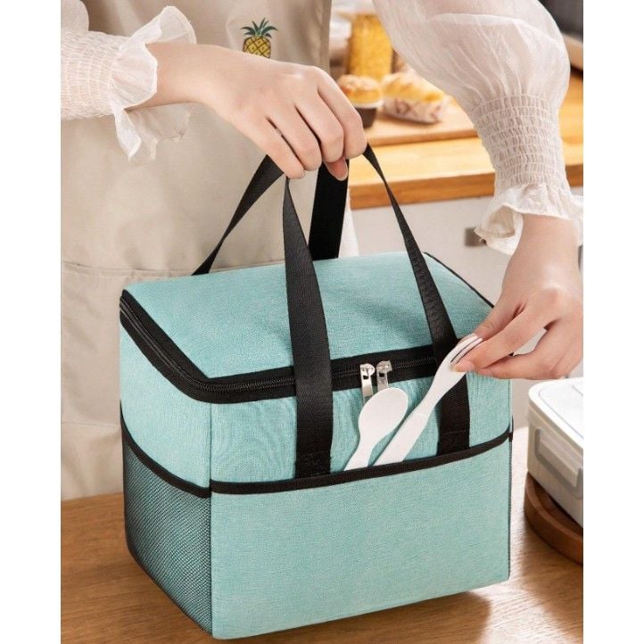 Green Lunch Insulated Tote Bag Multifunctional Waterproof with Phone and Cutlery Compartments 24x18x21cm Lunch Bag