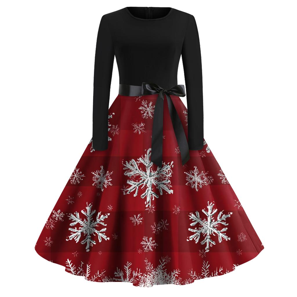 Женское модное повседневное платье приталенного кроя с круглым вырезом, рождественским принтом и длинными рукавами
