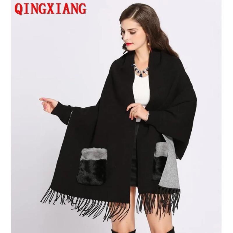 Зимнее пончо из искусственного кашемира, свободная уличная одежда, женская шаль с рукавами «летучая мышь», накидки с меховым карманом, женский вязаный плащ с кисточками оверсайз