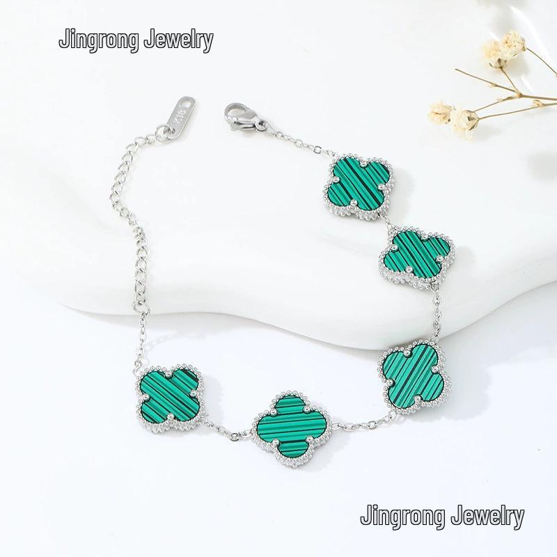 18K Gold Plated Mother-of-Pearl Four-Leaf Clover Jewelry Set: Bracelet, Necklace, Ring, Stud Earrings