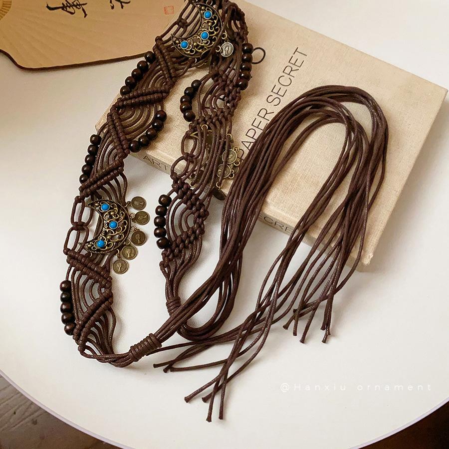 Ethnic Boho Wooden Bead Waist Chain, Hand Woven Hemp Rope Multi Layer Belt, Versatile Women Decorative Ornament