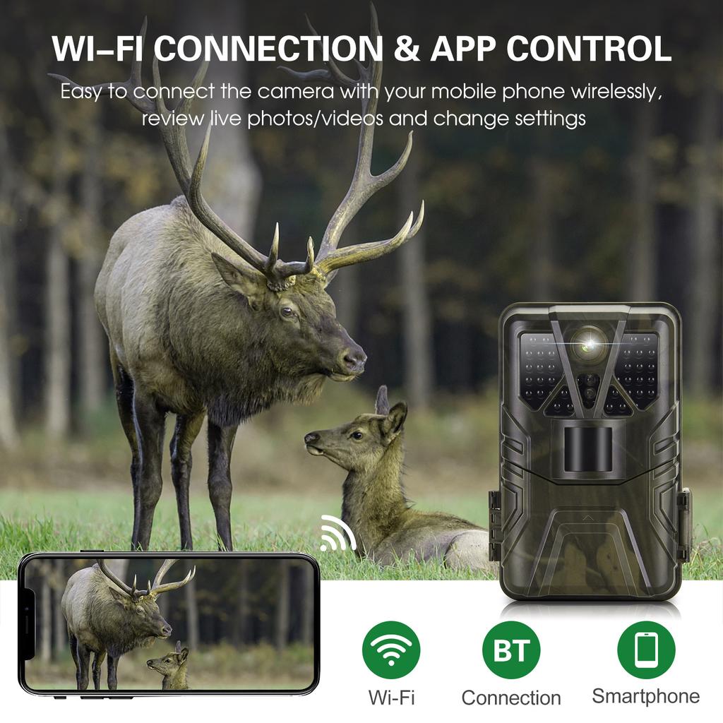Wi-Fi Trail Camera 4k 36mp Bt App Control Охотничья камера Игровая камера с ночным видением 65 футов Обнаружение 120° IP65 Водонепроницаемая