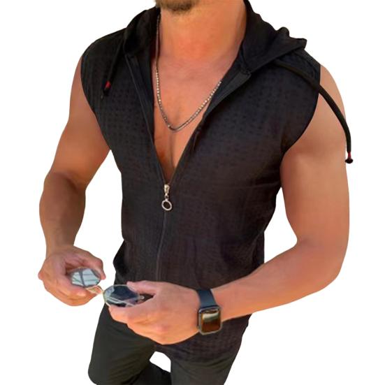 Fashion Zipper Placket Sweat Absorbing Shrink Resistant Men Bodybuilding Hooded Vest Top Streetwear Hoodie