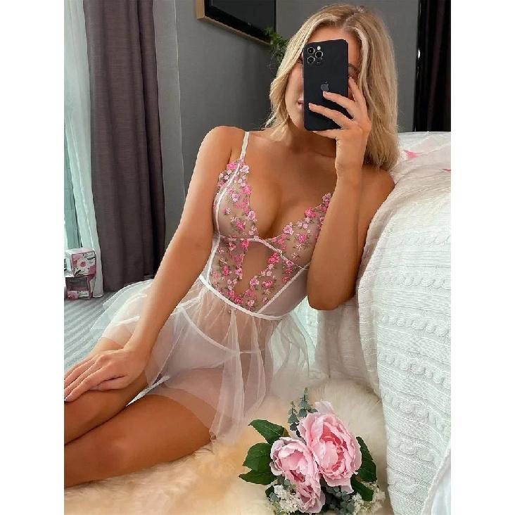 Women's Floral Embroidery Lace Nightdress Sexy Sleepwear Transparent Babydoll Lingerie Underwear Temptation NightwearGood product