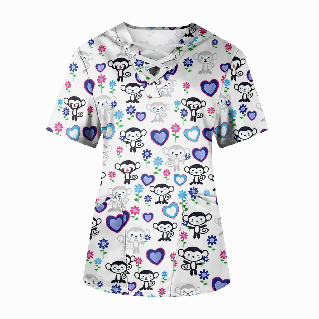 Плюс размерСкраб с принтом Рабочая форма Топы для женщин Крест V-образным вырезом Хэллоуин Принт с короткими рукавами Забавные футболки Спецодежда Футболка с карманами