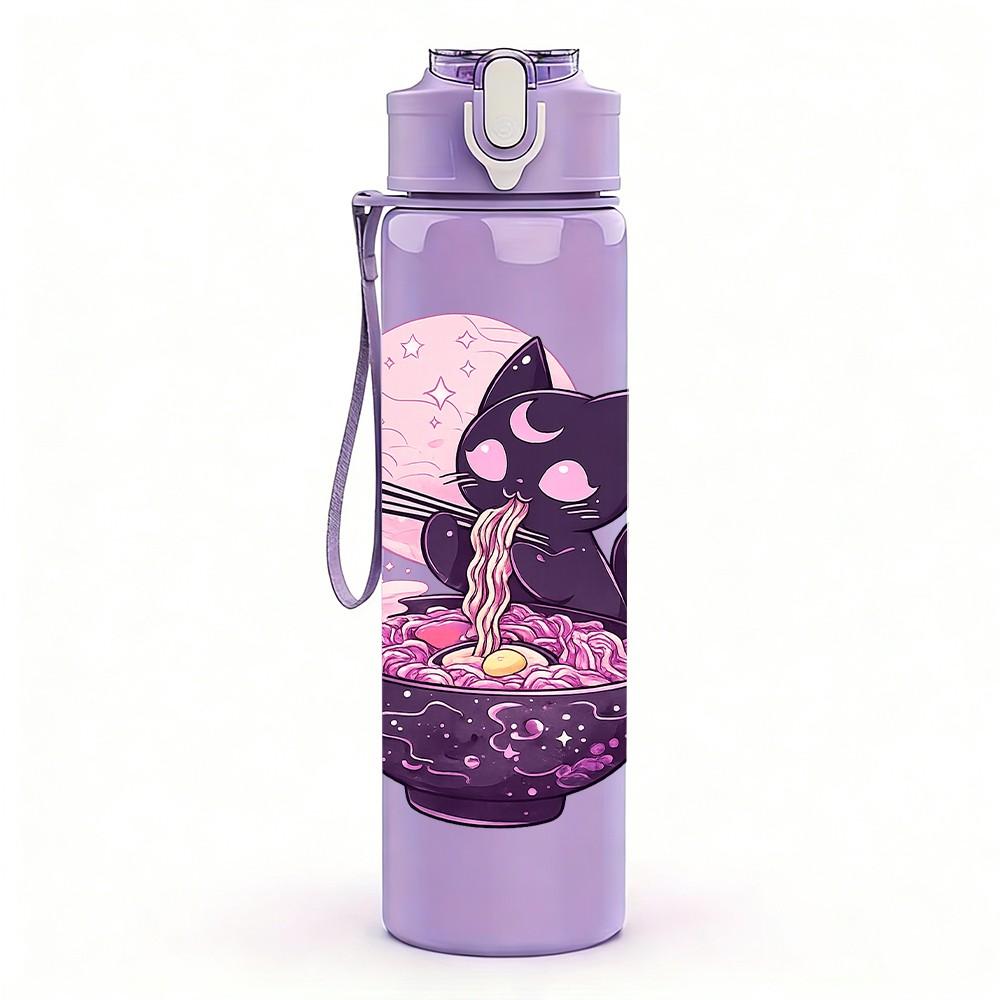1PC Purple Cat Moon Night Print 750ml Color Plastic Sports Water Bottle Leakproof Flip Straw Lid Suitable for Sports Office Home Use