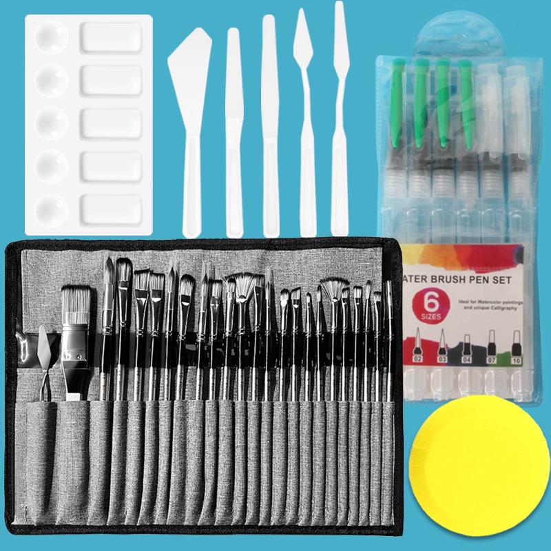 Набор из 24 нейлоновых кистей для рисования с холщовым скручивающимся чехлом для гуаши, акварели и масляной живописи