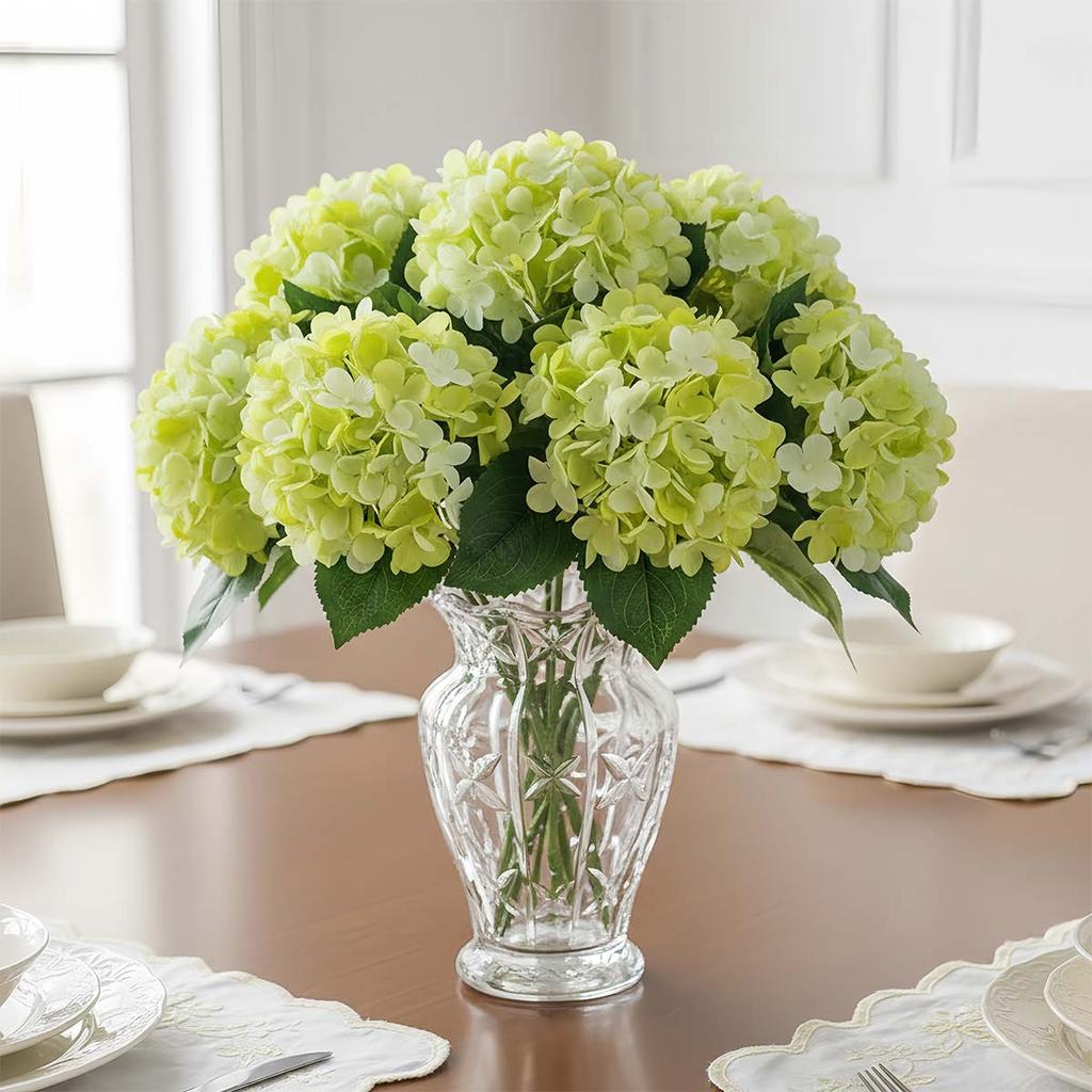 4Pcs Green Artificial Hydrangea Flowers, Large Fake Hydrangea Flower with Stems, for Indoor Wedding Table Centerpieces Party Decor