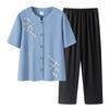 Women's 2 Piece Summer Outfit Short Sleeve Floral Embroidery Button Blouse & Elastic Waist Pants Set Casual Loungewear 